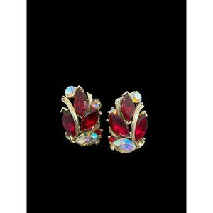 Vintage signed Lisner Clip-on Red and Aurora Borealis Crystal Beaded Gold toned